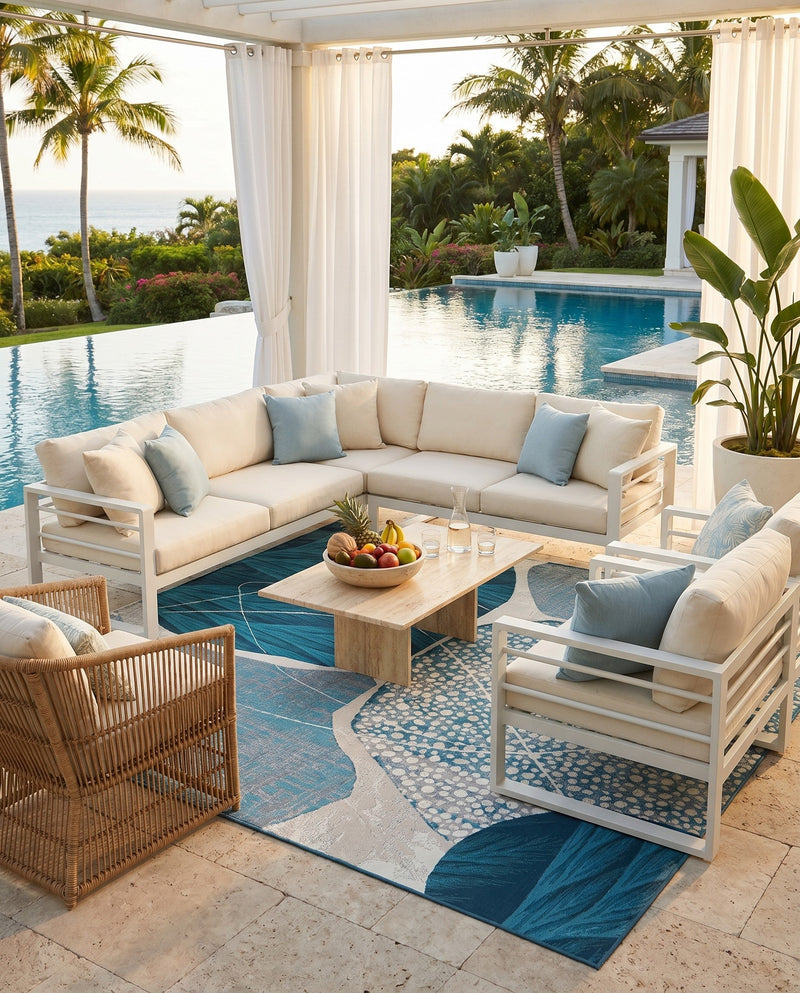 Urban Terrace Collection Area Rug -  Courtyard Square Blue and Ivory  lifestyle 72