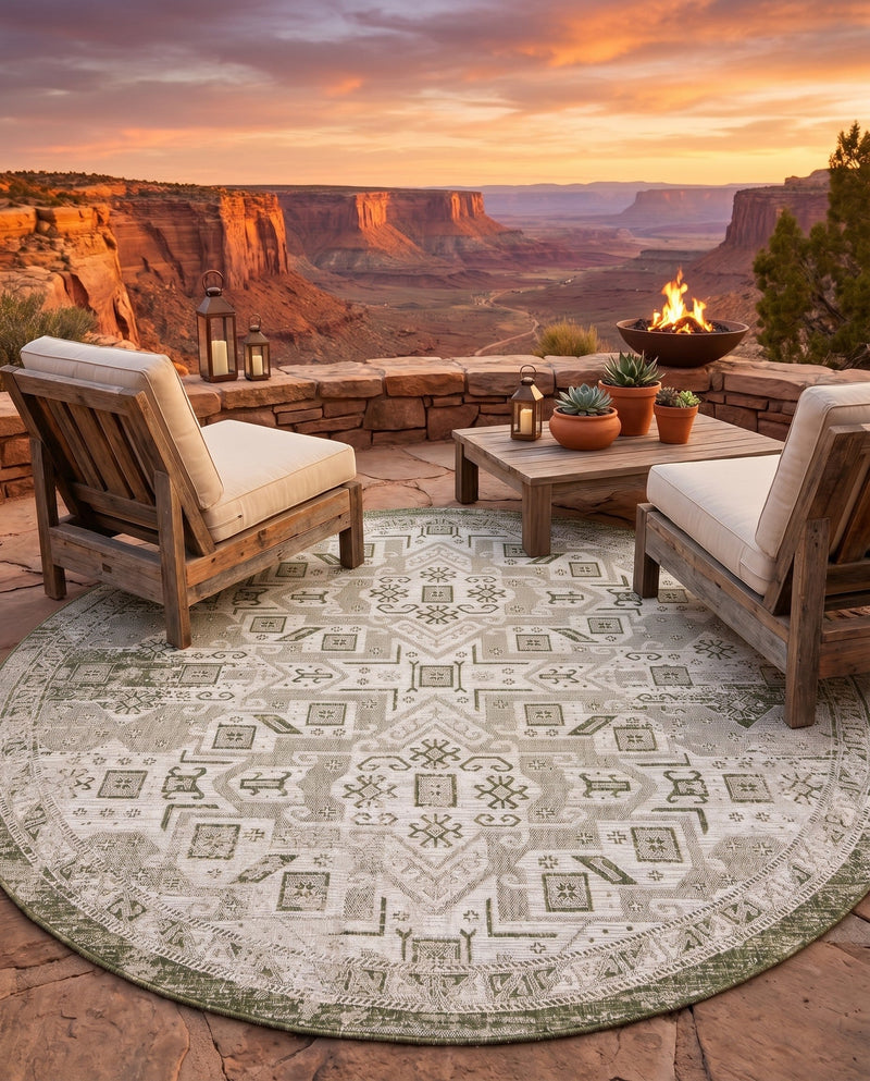 Tribal Terrace Treasures Collection Area Rug - Mayan Marina (Green) Round Green  lifestyle 78