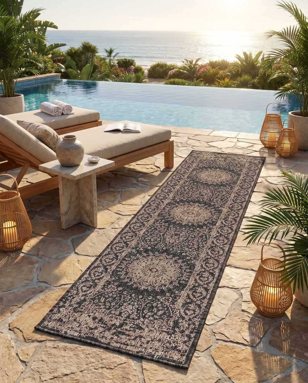 Patio Heritage Collection Area Rug -  Lafayette (Black) Runner Black  lifestyle 82