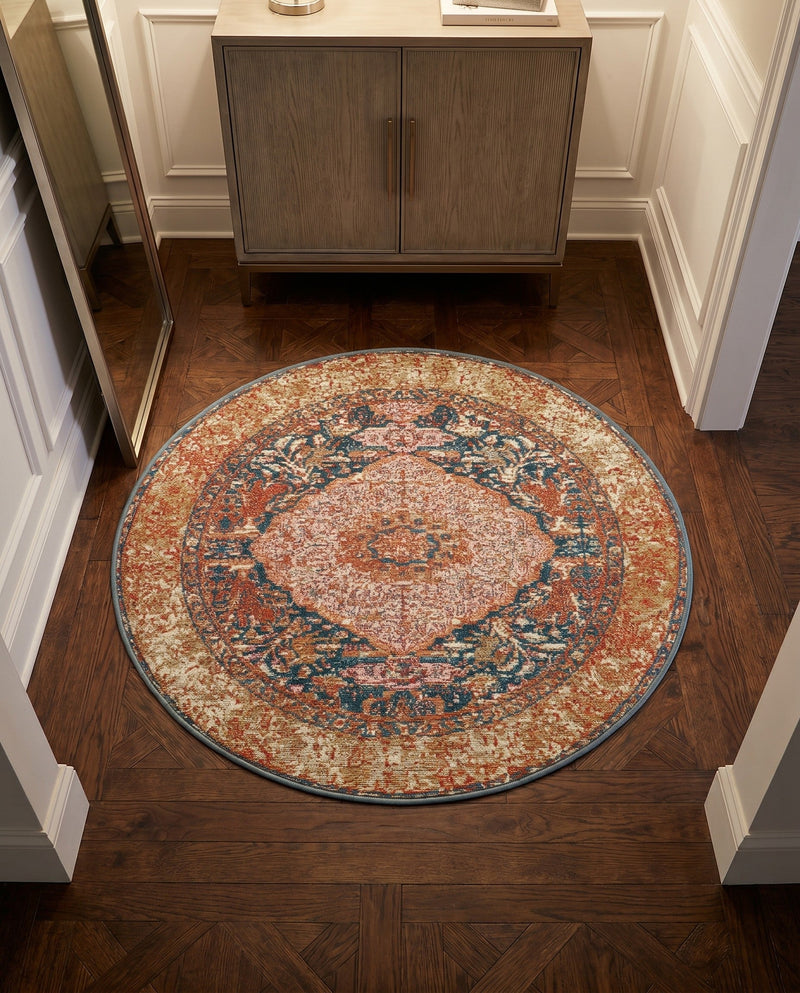 Patio Heritage Collection Area Rug -  Courtyard Round Navy Blue and Light Pink  lifestyle 78