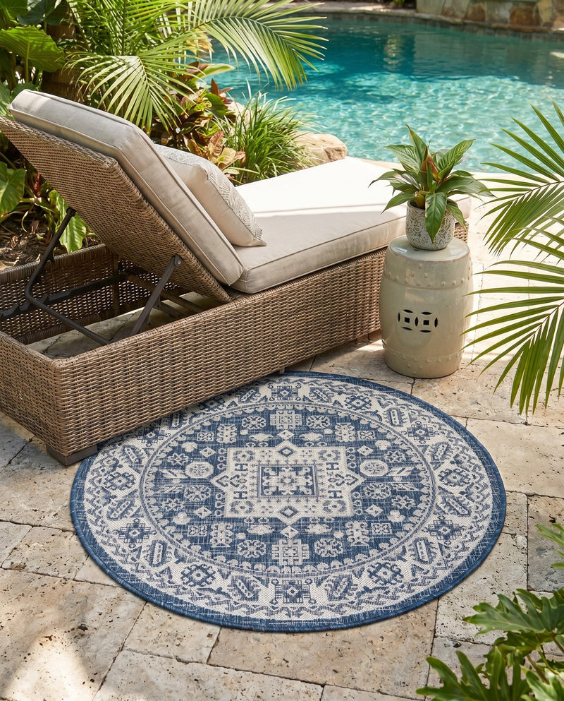 Tribal Terrace Treasures Collection Area Rug -  Incan Isle (Blue) Round Blue  lifestyle 33