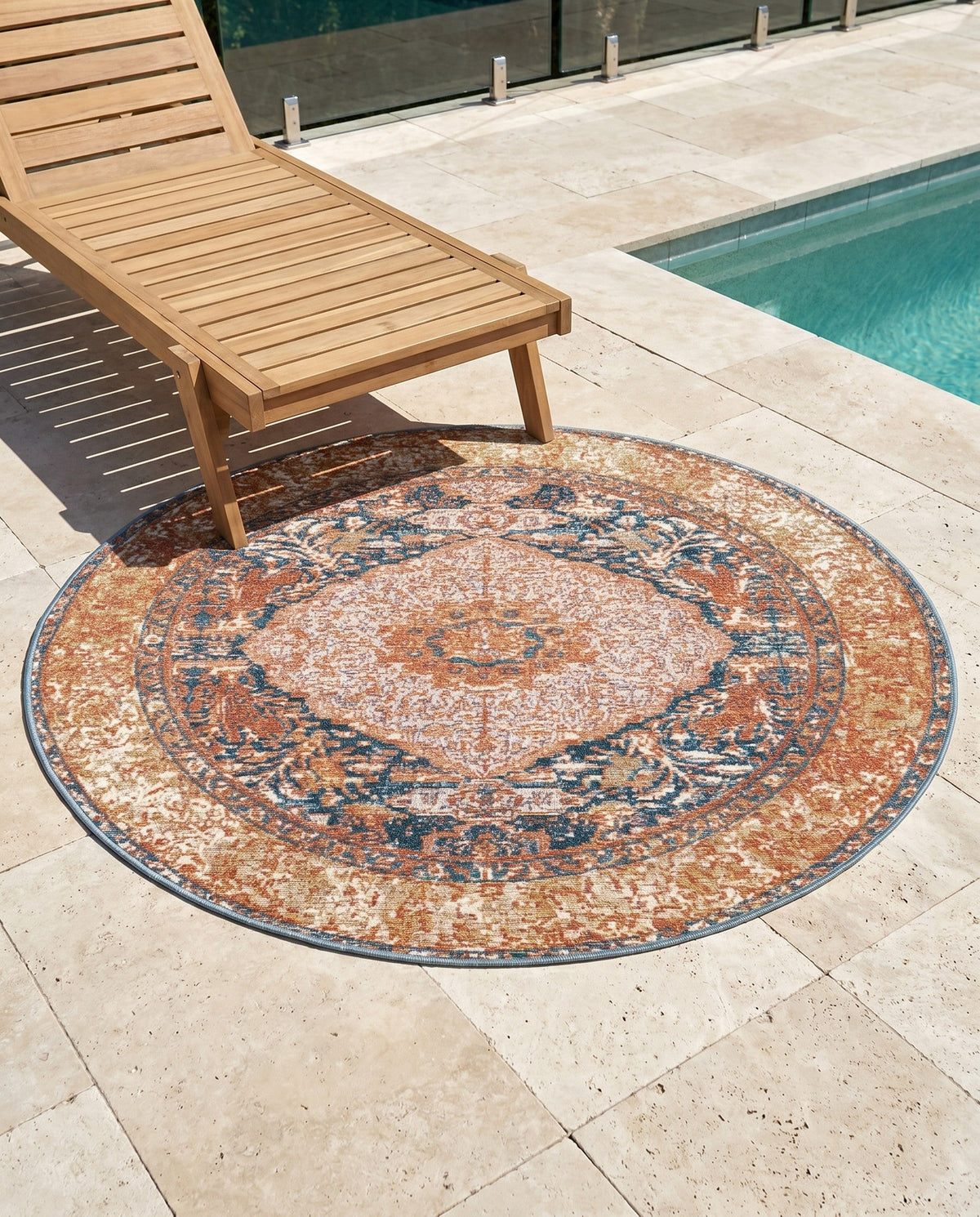 Patio Heritage Collection Area Rug -  Courtyard Round Navy Blue and Light Pink  lifestyle 83