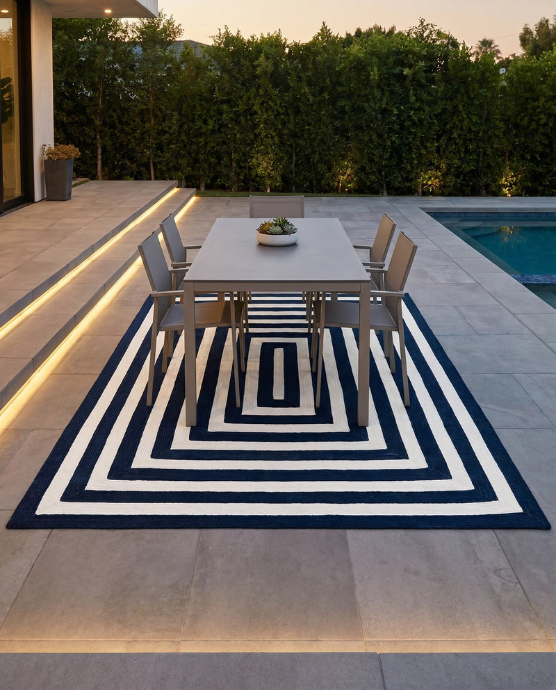 Sustainable Strands Indoor-Outdoor Oasis Collection Area Rug - Harborview Rectangle Navy Blue and White  lifestyle 29