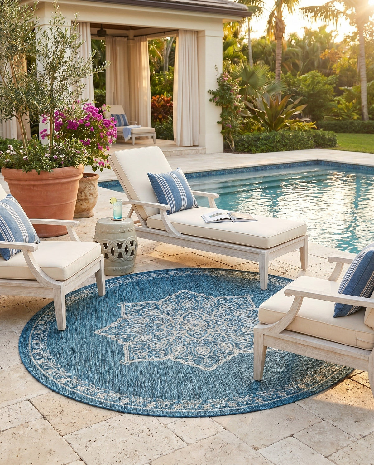 Patio Heritage Collection Area Rug -  Charleston (Teal) Round Teal  lifestyle 83