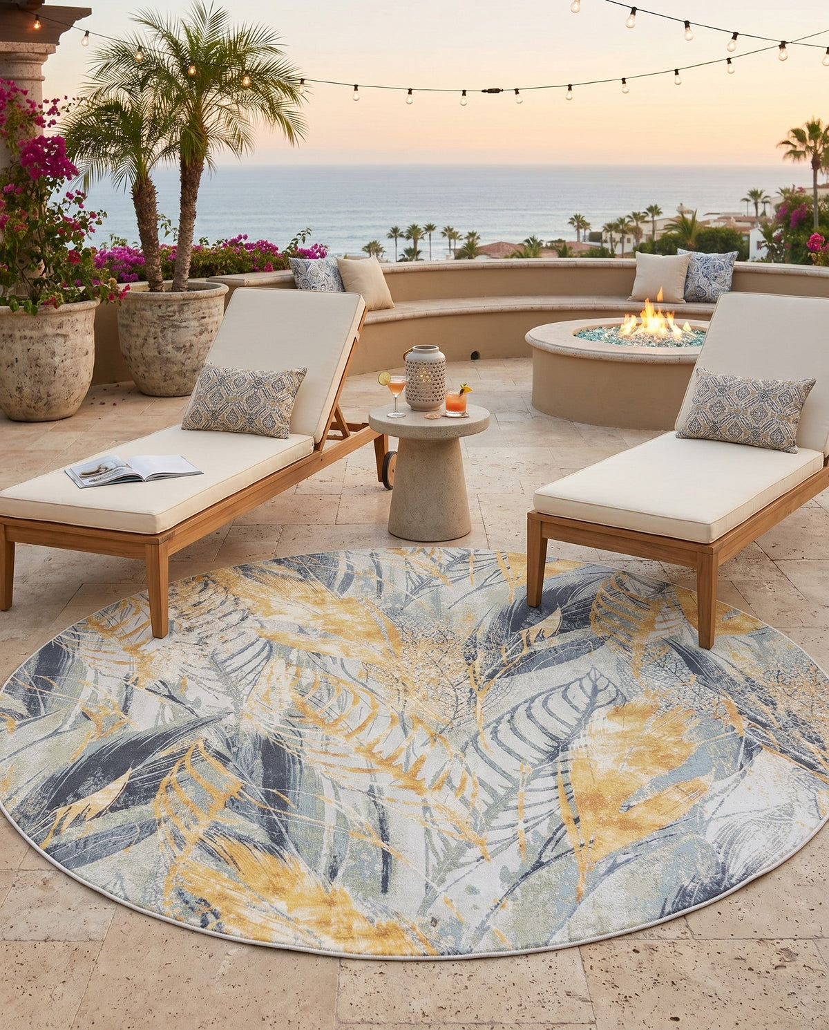 Seaside Blooms Collection Area Rug -  Blossom Round Gray Ivory Yellow  lifestyle 61