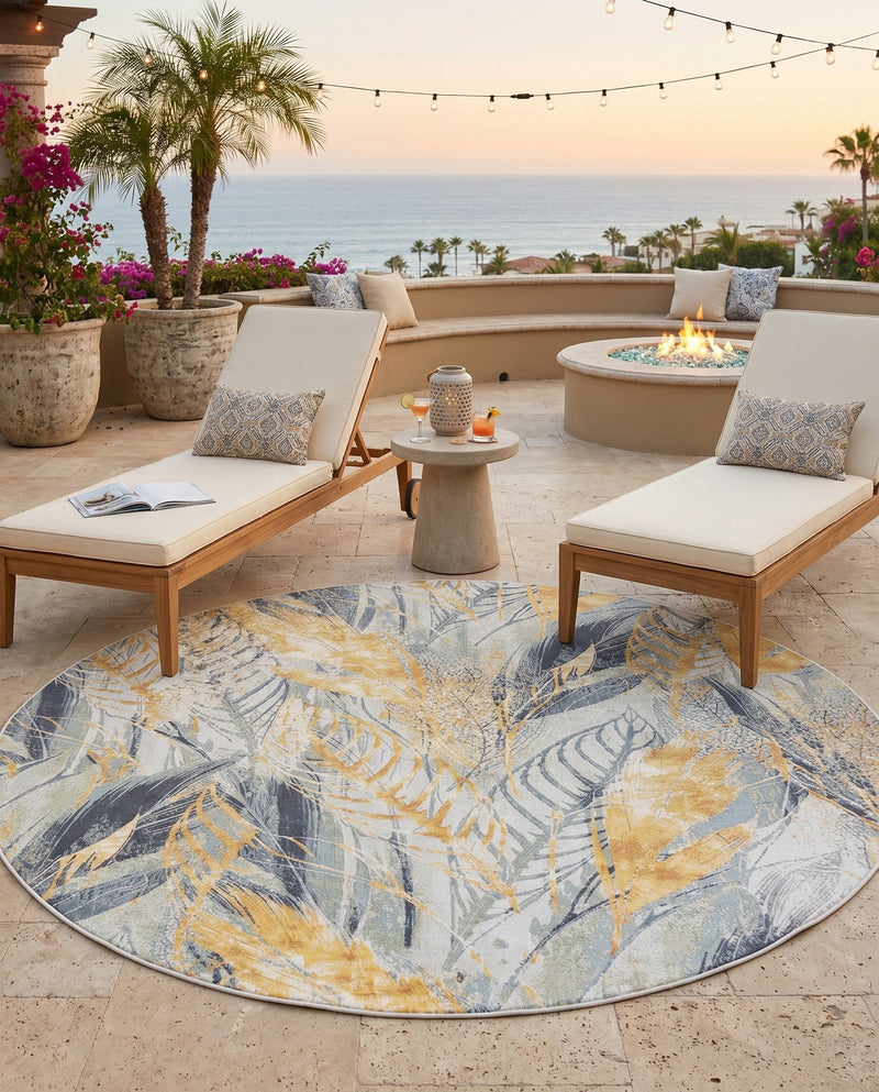 Seaside Blooms Collection Area Rug -  Blossom Round Gray Ivory Yellow  lifestyle 61