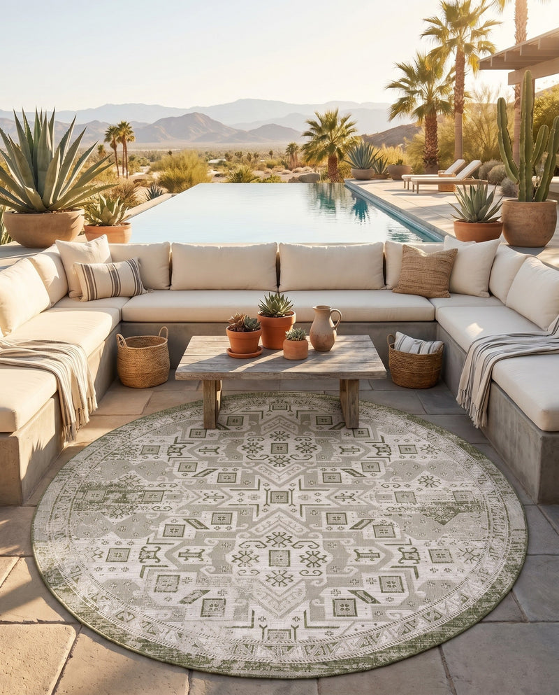 Tribal Terrace Treasures Collection Area Rug - Mayan Marina (Green) Round Green  lifestyle 79