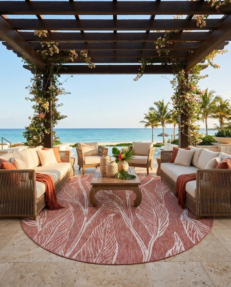 Seaside Blooms Collection Area Rug -  Evergreen (Rust Red) Round Rust Red  lifestyle 50