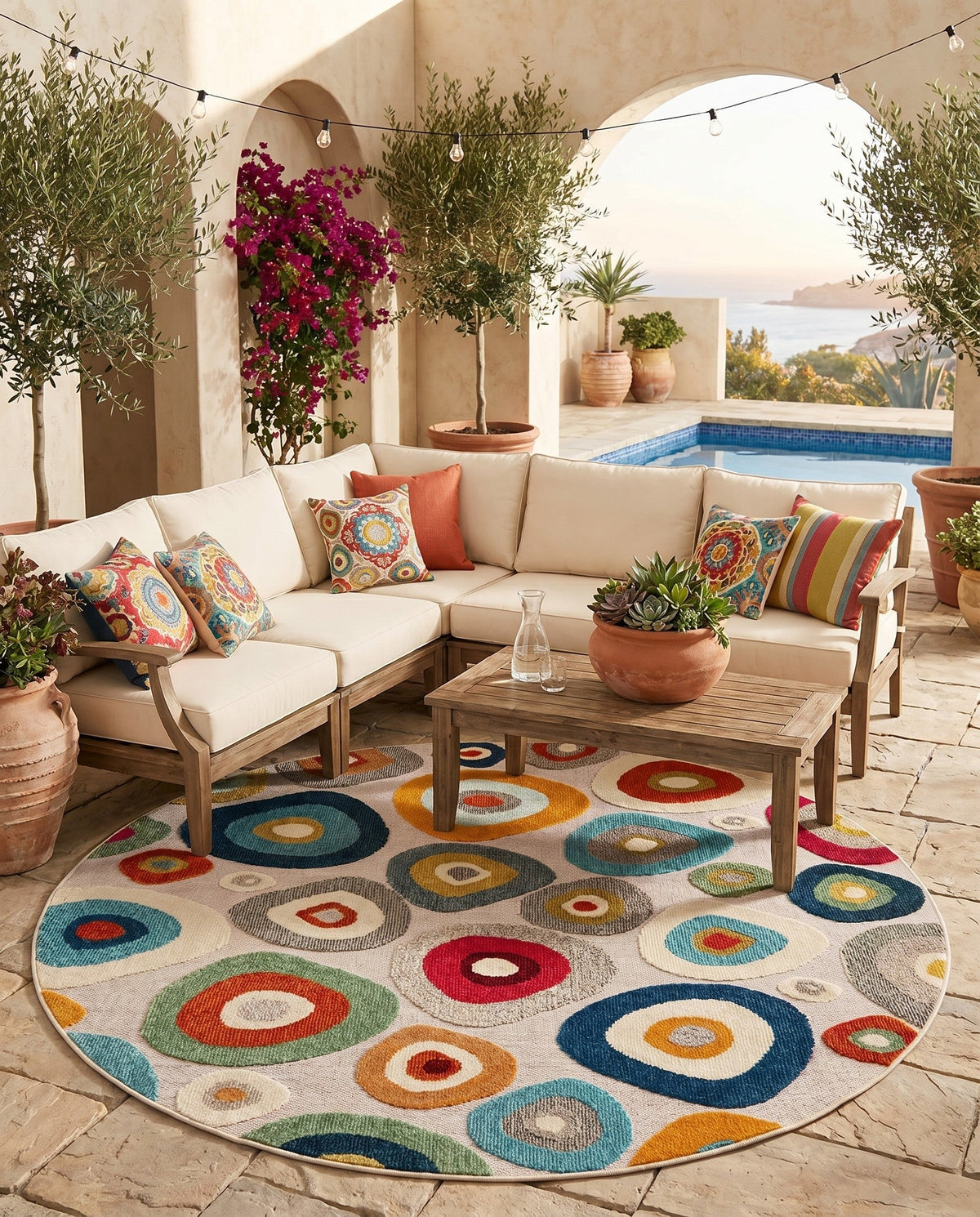 Outdoor Marrakesh Collection Area Rug -  Chefchaouen Round Multi Beige  lifestyle 164
