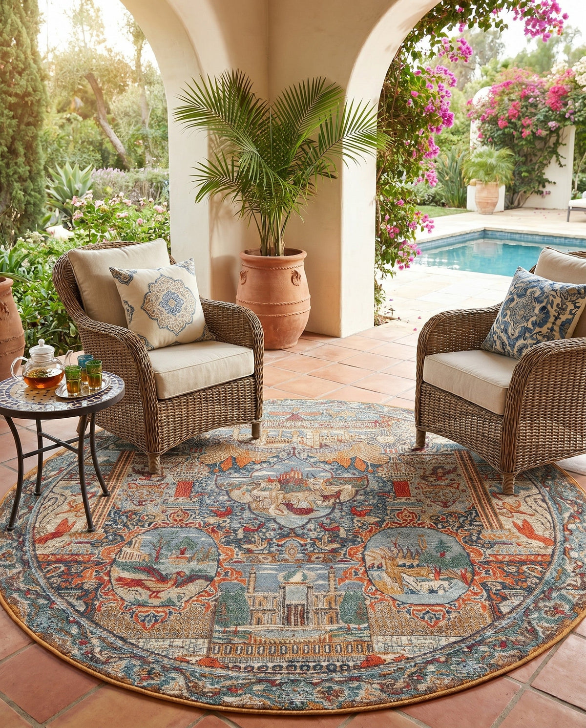 Patio Heritage Collection Area Rug -  Oasis Round Multi  lifestyle 85