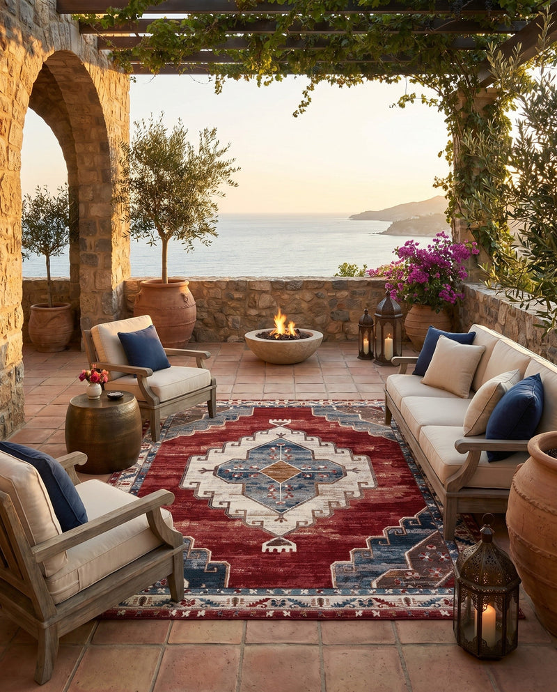 Patio Heritage Collection Area Rug -  Alcove Rectangle Red and Navy Blue  lifestyle 32
