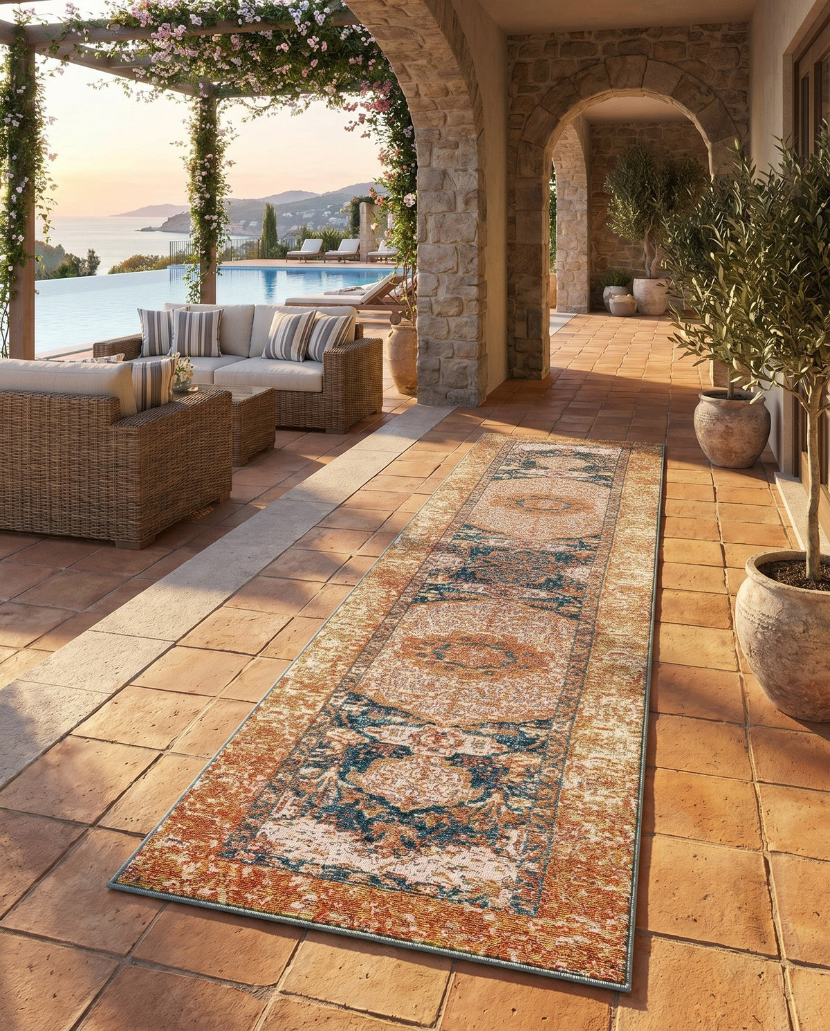 Patio Heritage Collection Area Rug -  Courtyard Runner Navy Blue and Light Pink  lifestyle 105