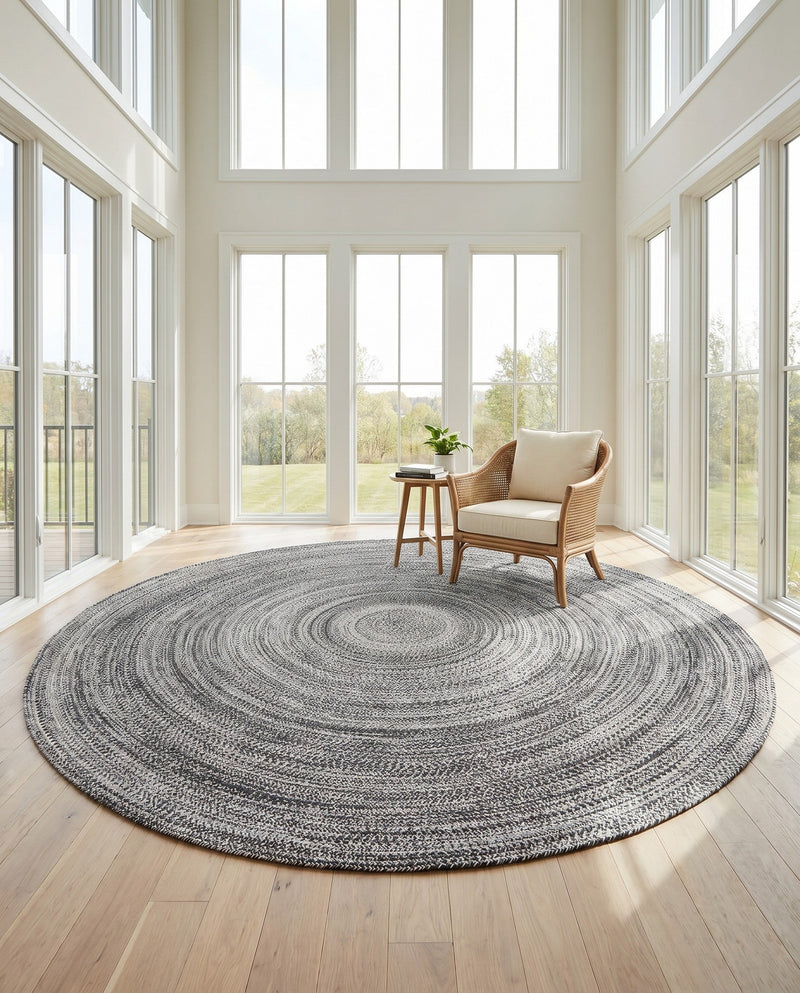 Sustainable Strands Indoor-Outdoor Oasis Collection Area Rug -  Sandbar (Black and White) Round Black and White  lifestyle 36