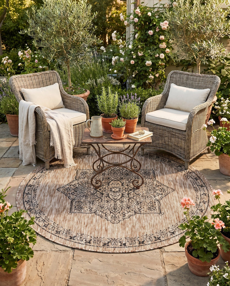 Patio Heritage Collection Area Rug -  Charleston (Beige) Round Beige  lifestyle 54