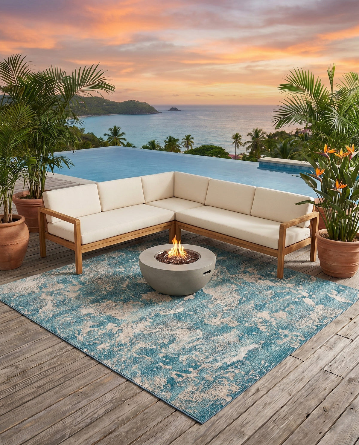 Urban Terrace Collection Area Rug -  Gazebo Square Aqua Blue  lifestyle 87