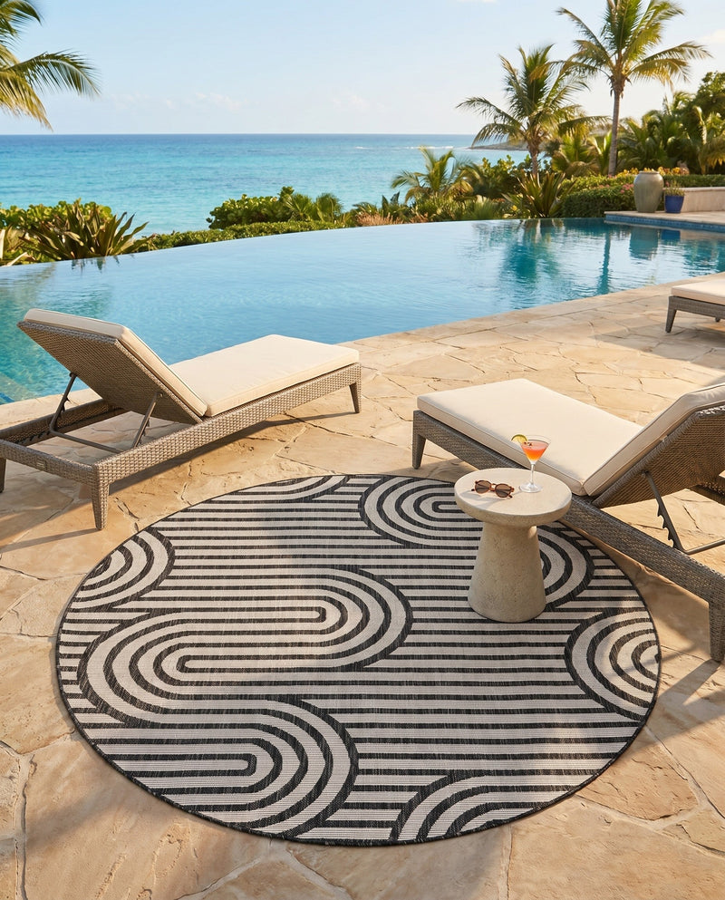 Urban Terrace Collection Area Rug -  Uptown Round Black and White  lifestyle 62