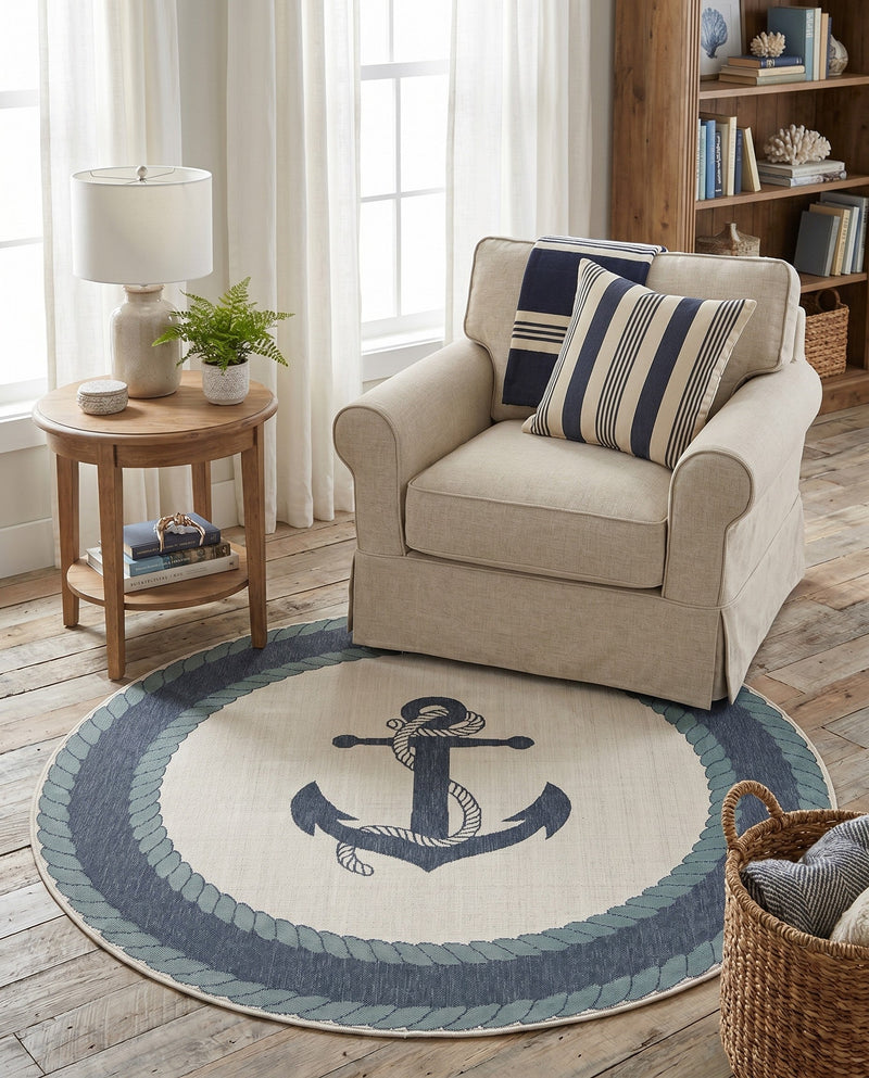 Seaside Haven Rugs Collection Area Rug -  Coralreef Round Navy Blue  lifestyle 59