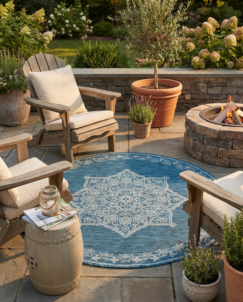 Patio Heritage Collection Area Rug -  Charleston (Teal) Round Teal  lifestyle 63