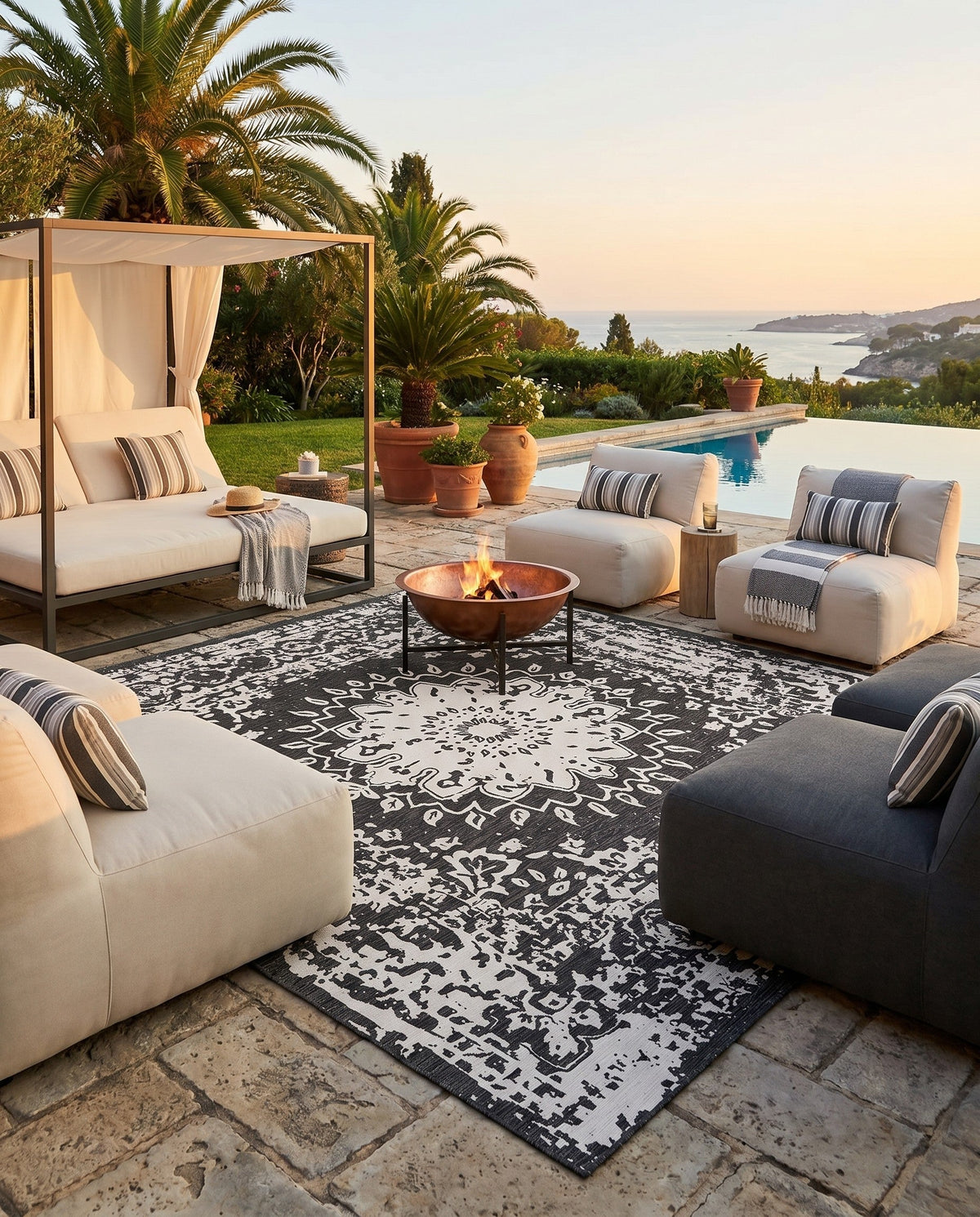 Patio Heritage Collection Area Rug -  Lafayette (Black and White) Square Black and White  lifestyle 86