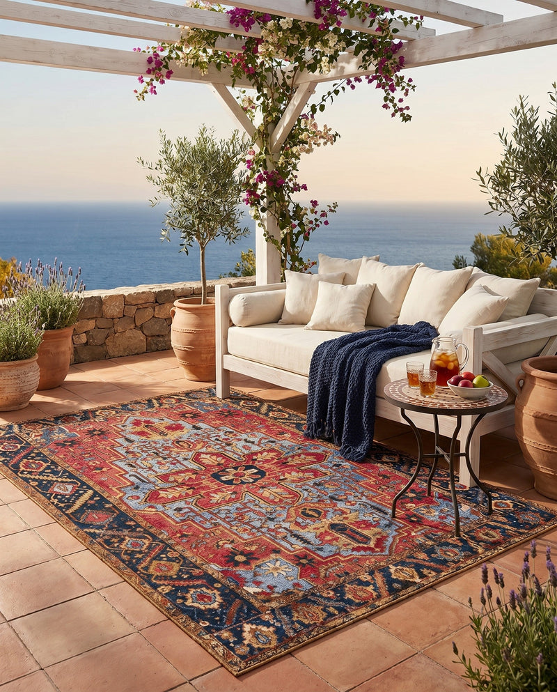 Patio Heritage Collection Area Rug -  Garden Rectangle Rust Red and Blue  lifestyle 43