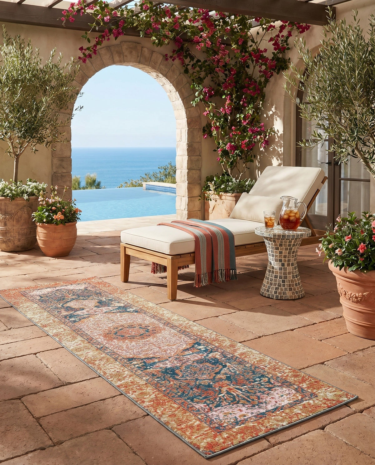 Patio Heritage Collection Area Rug -  Courtyard Runner Navy Blue and Light Pink  lifestyle 95