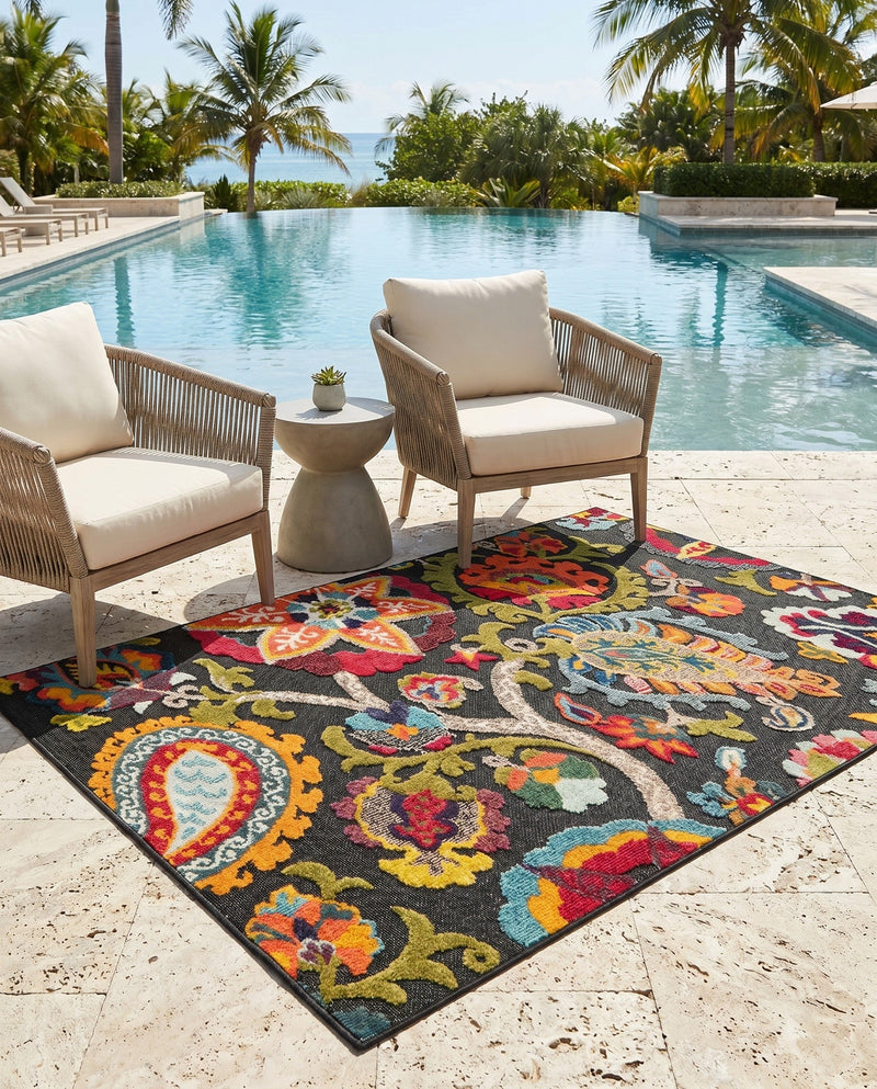 Outdoor Marrakesh Collection Area Rug - Fes Rectangle Multi Black  lifestyle 50