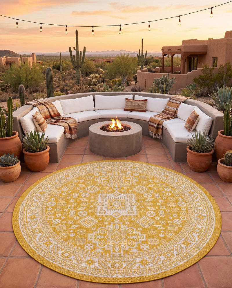 Tribal Terrace Treasures Collection Area Rug -  Incan Isle (Yellow) Round Yellow  lifestyle 63