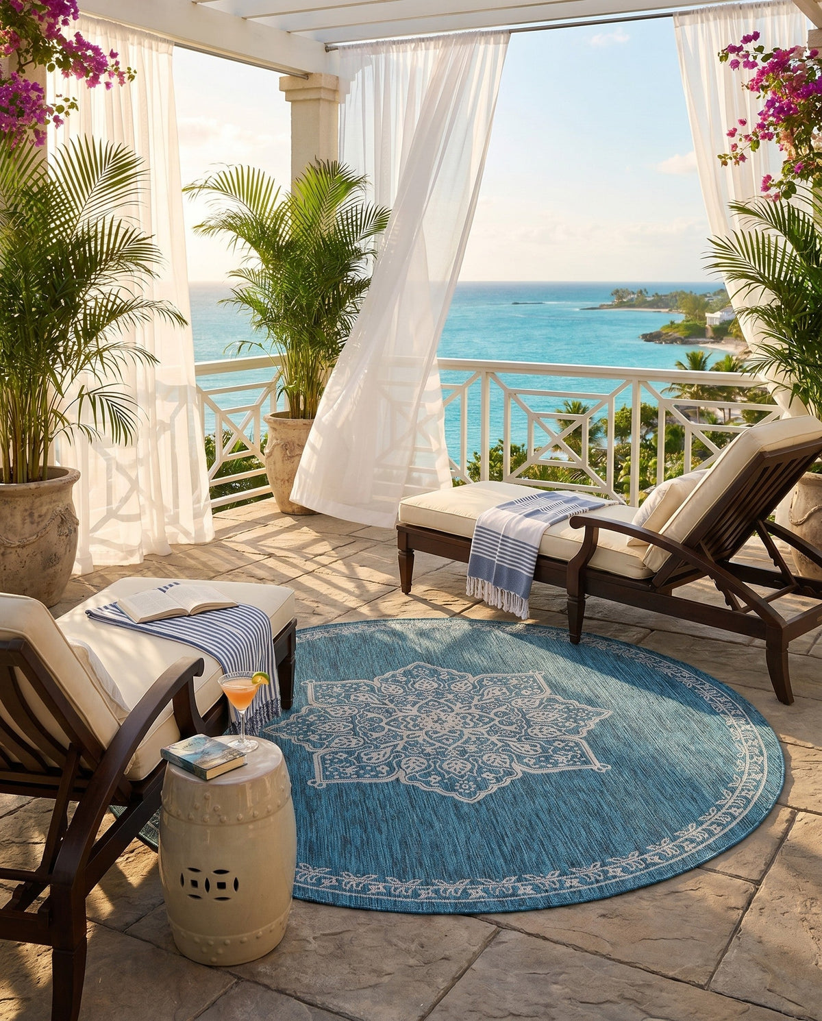 Patio Heritage Collection Area Rug -  Charleston (Teal) Round Teal  lifestyle 89