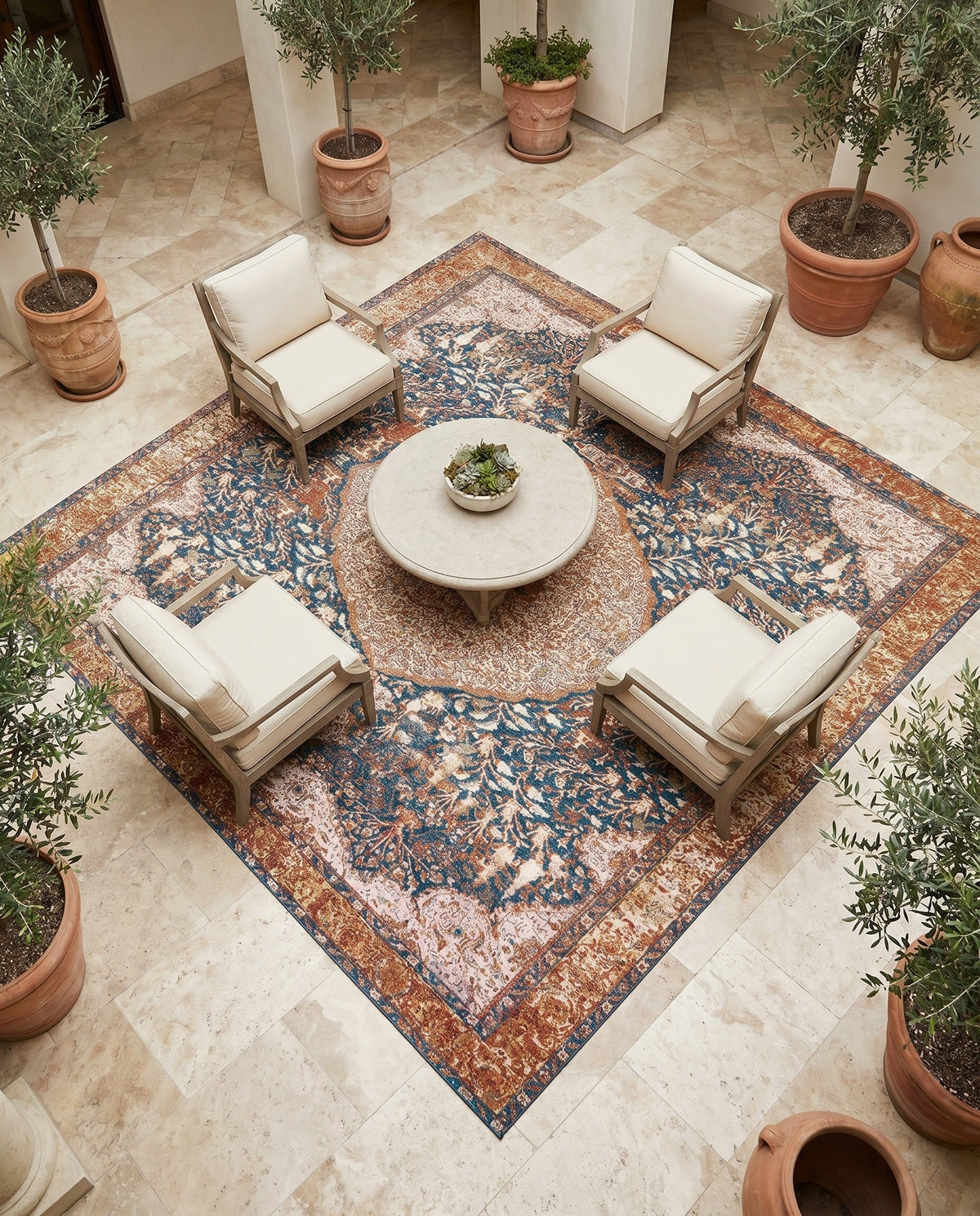 Patio Heritage Collection Area Rug -  Courtyard Square Navy Blue and Light Pink  lifestyle 69