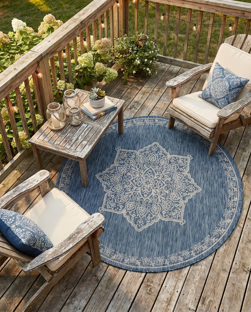 Patio Heritage Collection Area Rug -  Charleston (Blue) Round Blue  lifestyle 53
