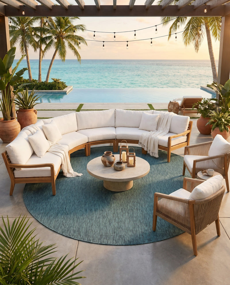 Seaside Serenity Collection Area Rug - Veranda (Teal) Round Teal  lifestyle 53