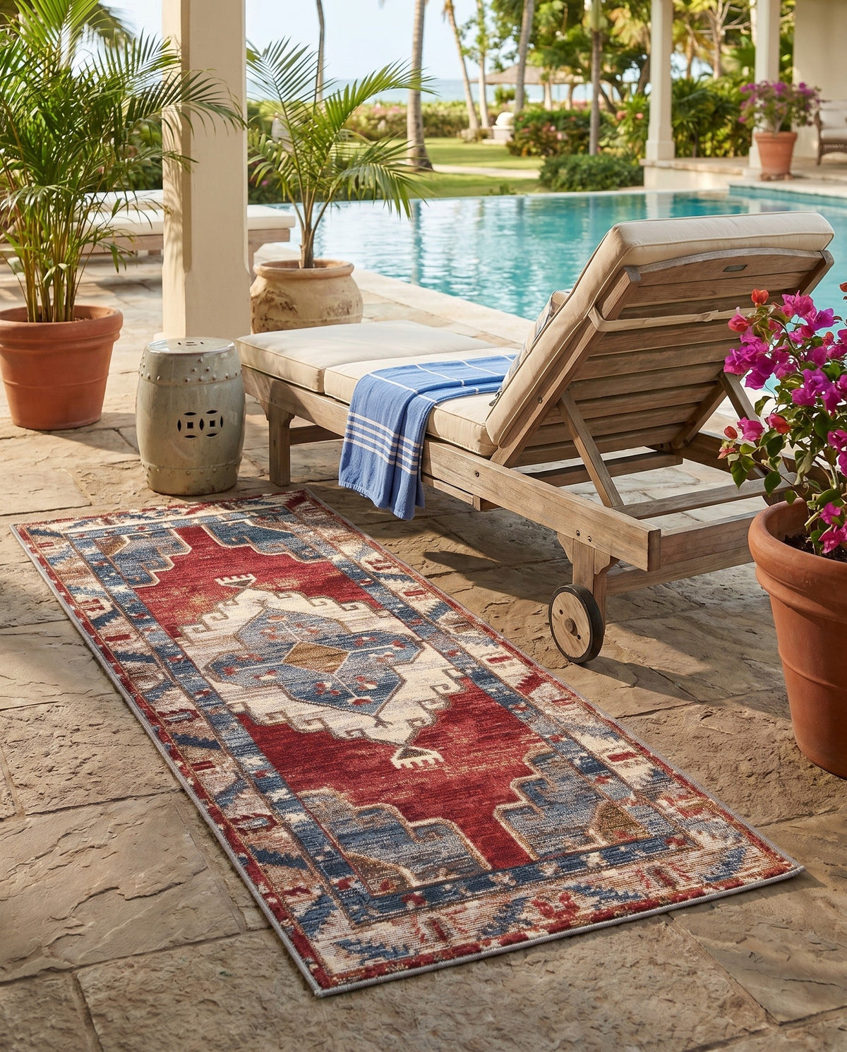 Patio Heritage Collection Area Rug -  Alcove Runner Red and Navy Blue  lifestyle 96