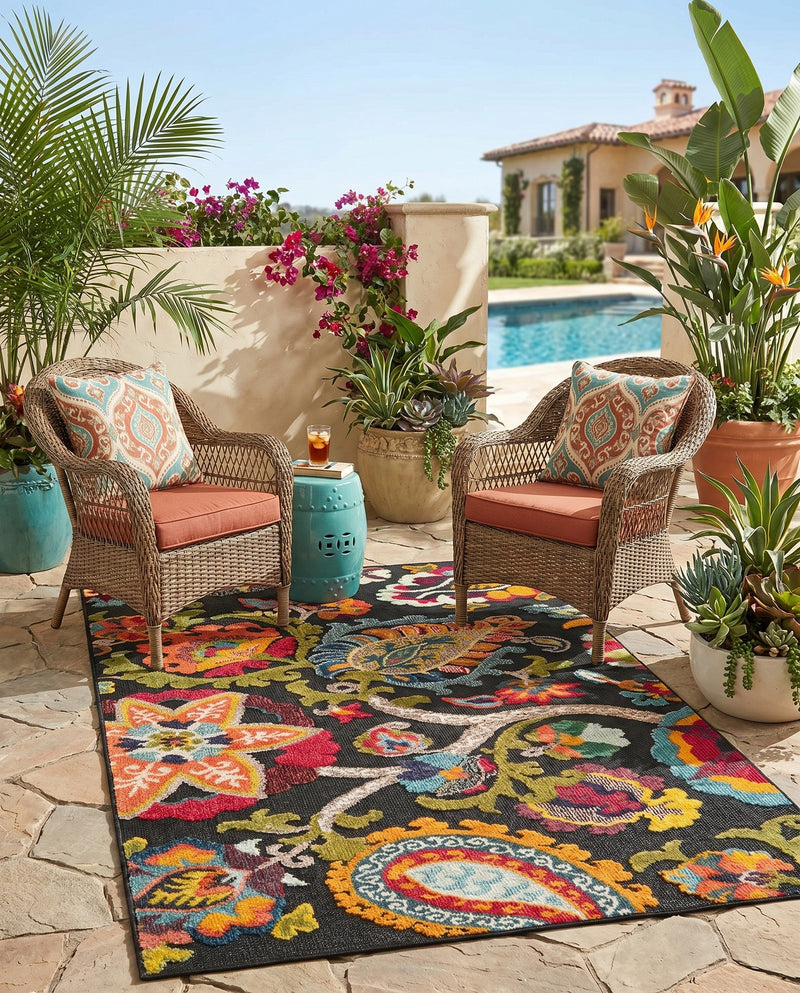 Outdoor Marrakesh Collection Area Rug - Fes Rectangle Multi Black  lifestyle 51