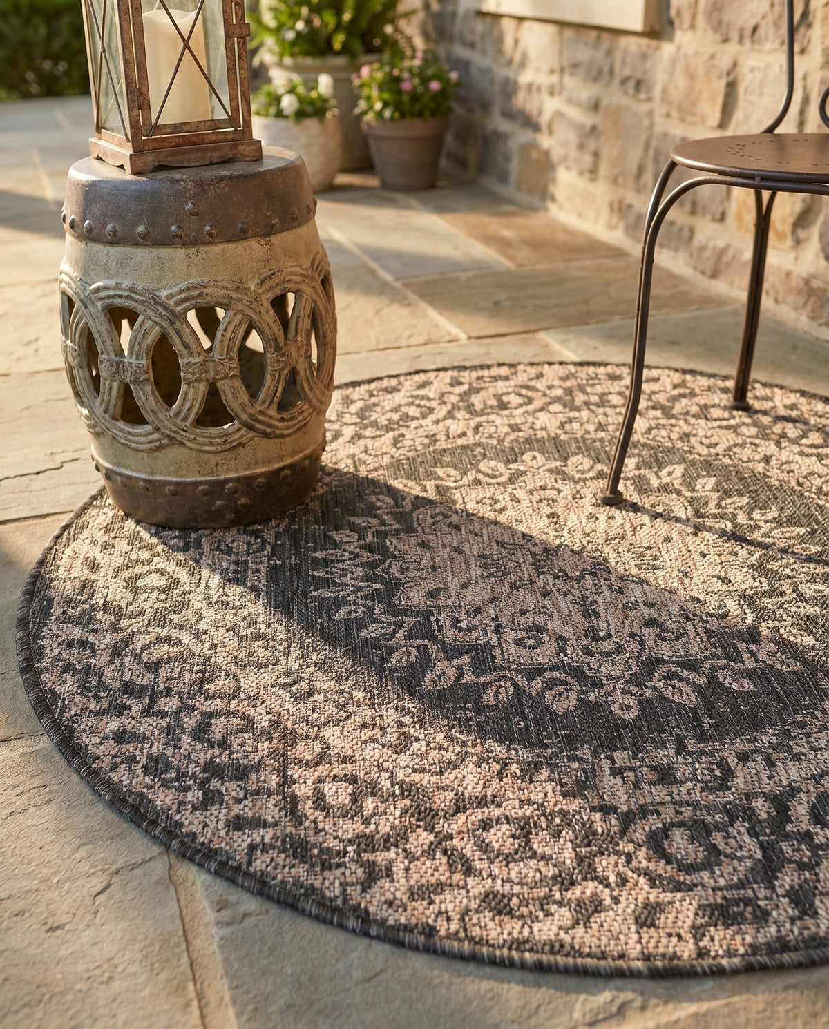 Patio Heritage Collection Area Rug -  Lafayette (Black) Round Black  lifestyle 89