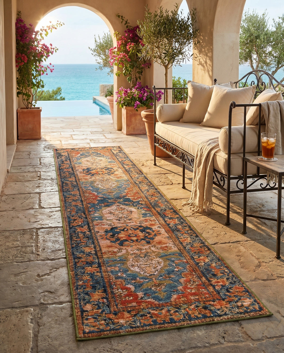 Patio Heritage Collection Area Rug -  Grove Runner Navy Blue and Rust Red  lifestyle 96