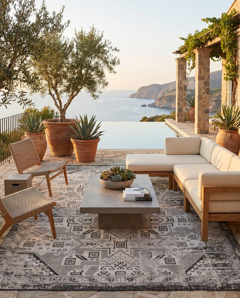 Tribal Terrace Treasures Collection Area Rug - Mayan Marina (Charcoal Gray) Rectangle Charcoal Gray  lifestyle 38