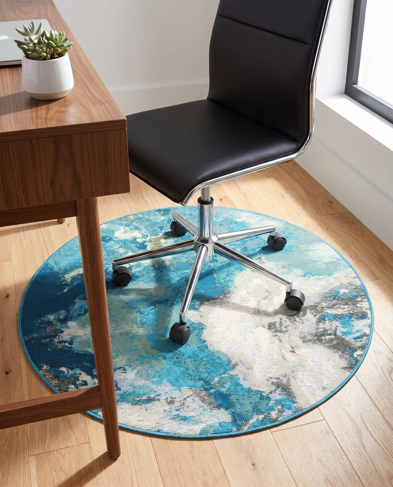 Urban Terrace Collection Area Rug -  Gazebo Round Blue and Ivory  lifestyle 48