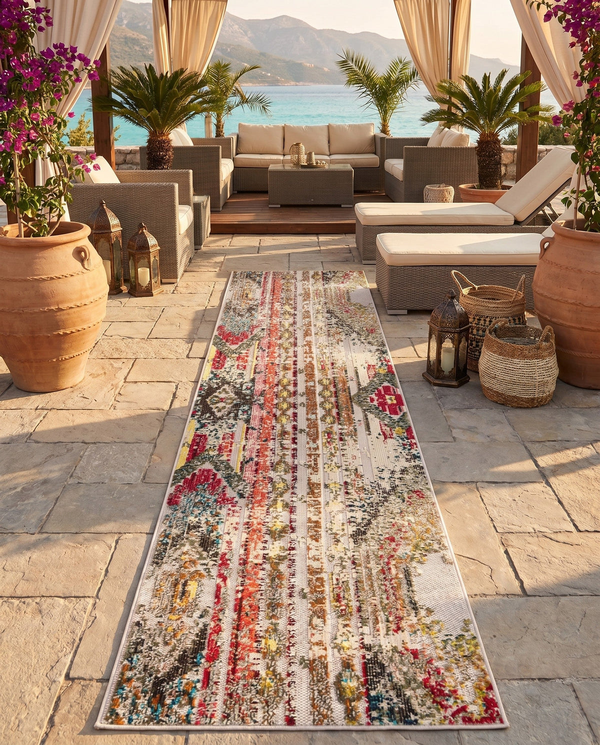 Outdoor Marrakesh Collection Area Rug -  Agadir Runner Multi Beige  lifestyle 140