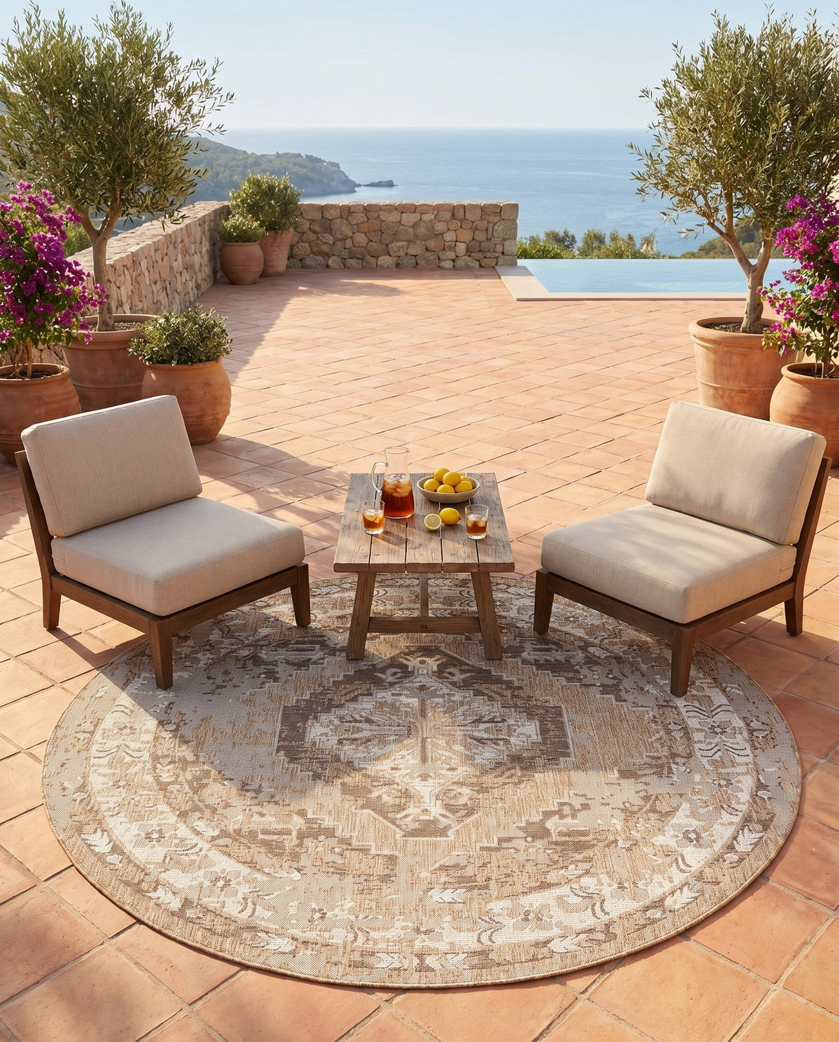 Patio Heritage Collection Area Rug -  Augusta (Natural) Round Natural  lifestyle 110