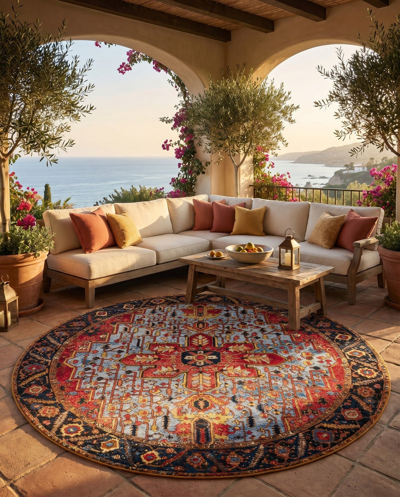 Patio Heritage Collection Area Rug -  Garden Round Rust Red and Blue  lifestyle 77