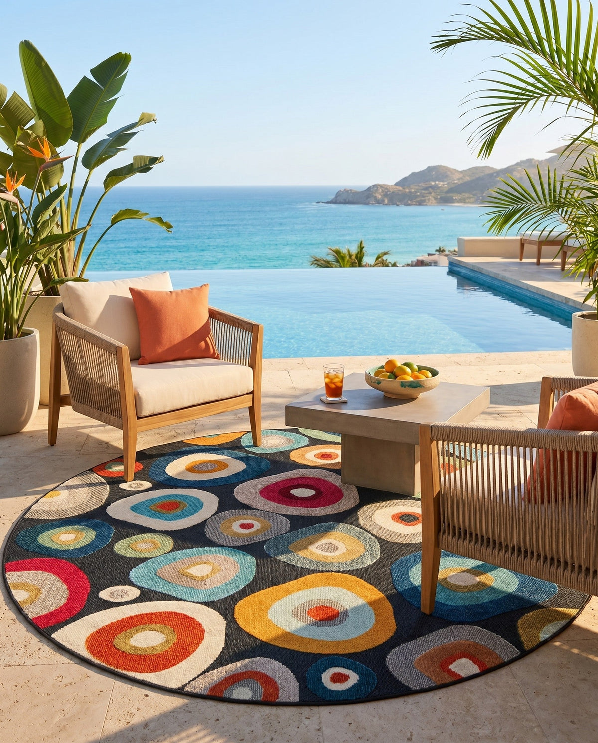 Outdoor Marrakesh Collection Area Rug -  Chefchaouen Round Multi Black  lifestyle 130