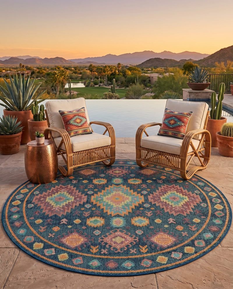 Coastal Terrace Collection Area Rug -  Dunes Round Navy Blue  lifestyle 36