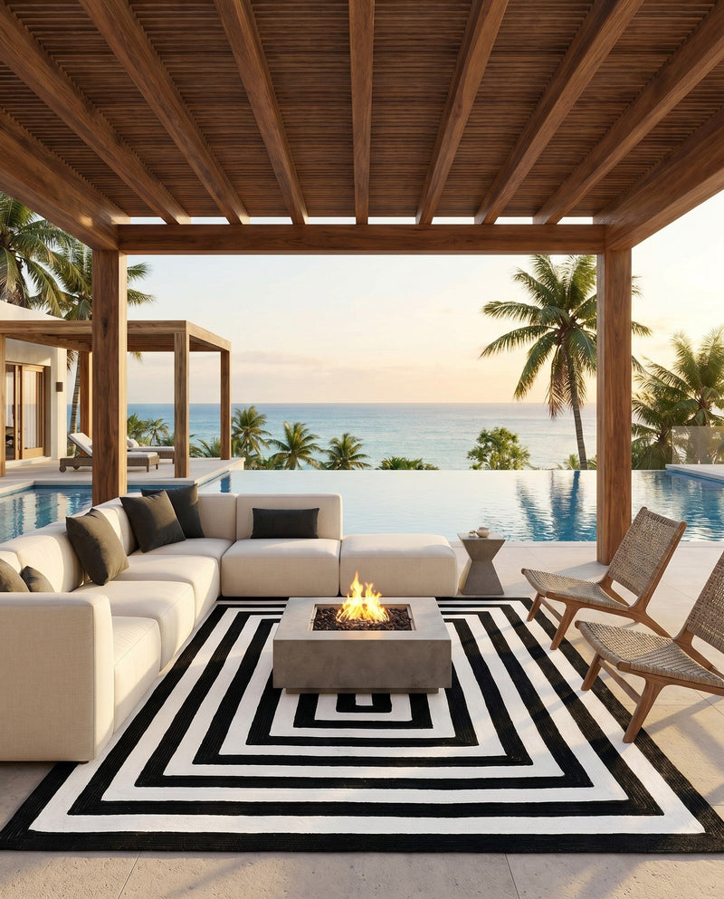 Sustainable Strands Indoor-Outdoor Oasis Collection Area Rug - Harborview Rectangle Black and White  lifestyle 17