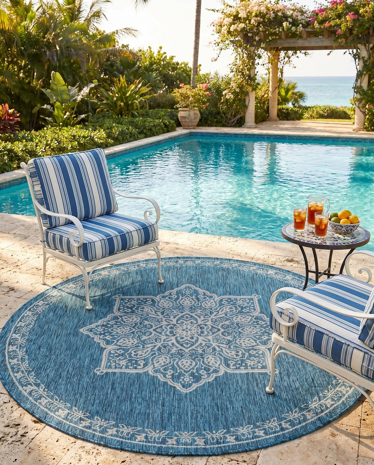 Patio Heritage Collection Area Rug -  Charleston (Teal) Round Teal  lifestyle 84