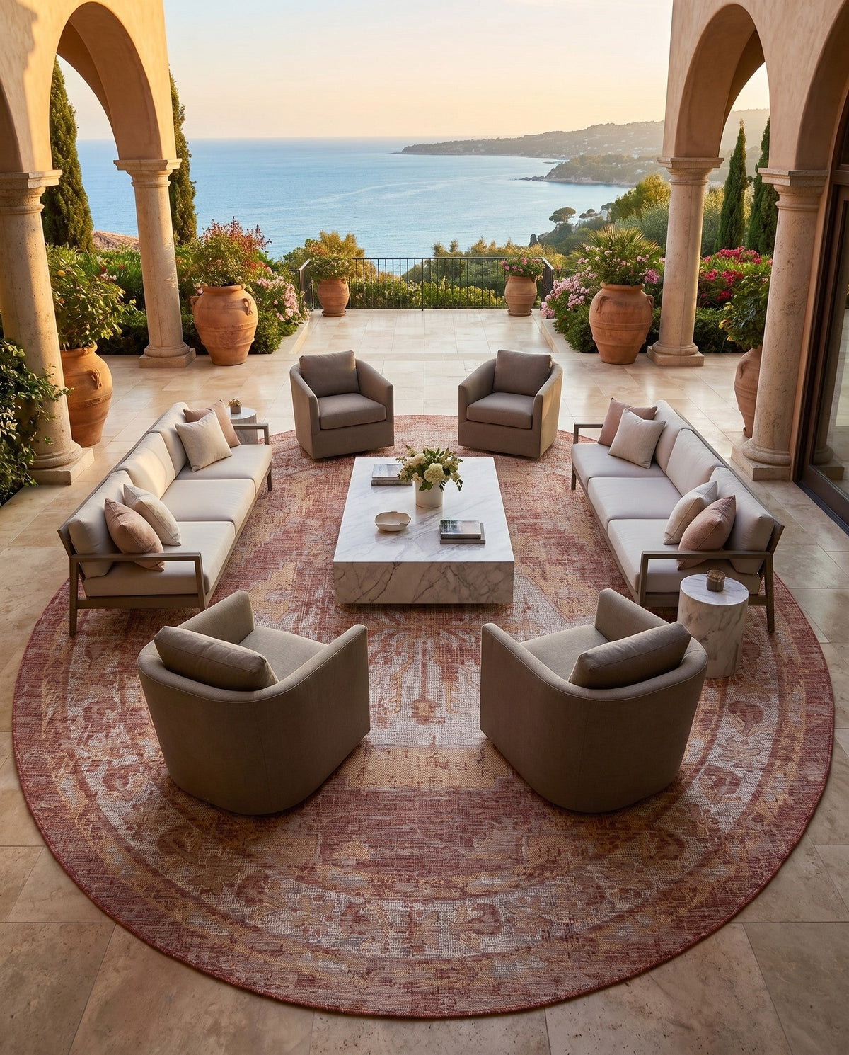 Patio Heritage Collection Area Rug -  Augusta (Rust Red) Round Rust Red  lifestyle 63