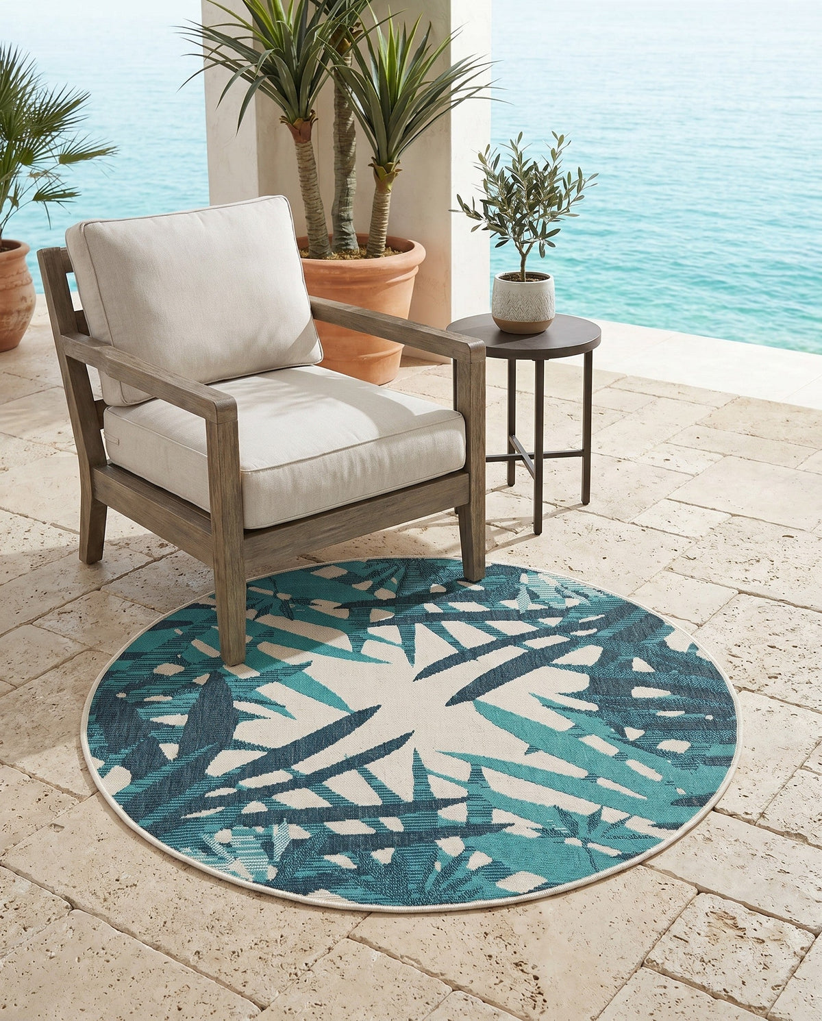 Seaside Blooms Collection Area Rug -  Provence Round Teal blue  lifestyle 65