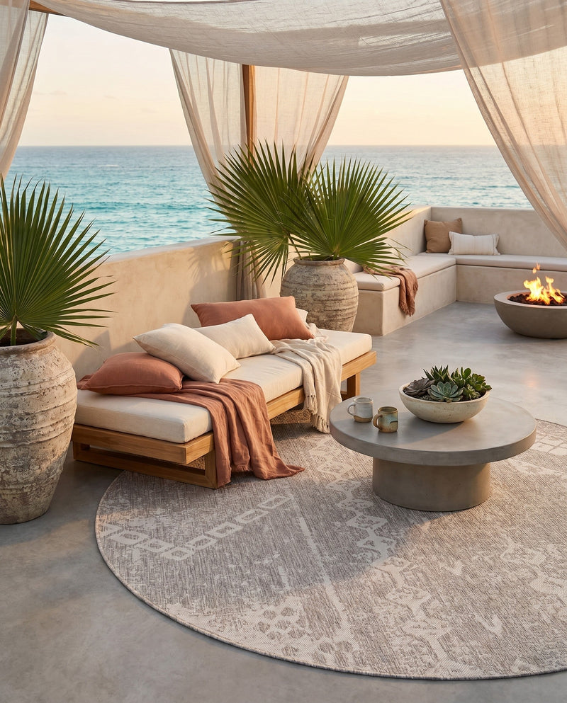 Desert Nomad Terrace Collection Area Rug - Sahara (Gray) Round Gray  lifestyle 71