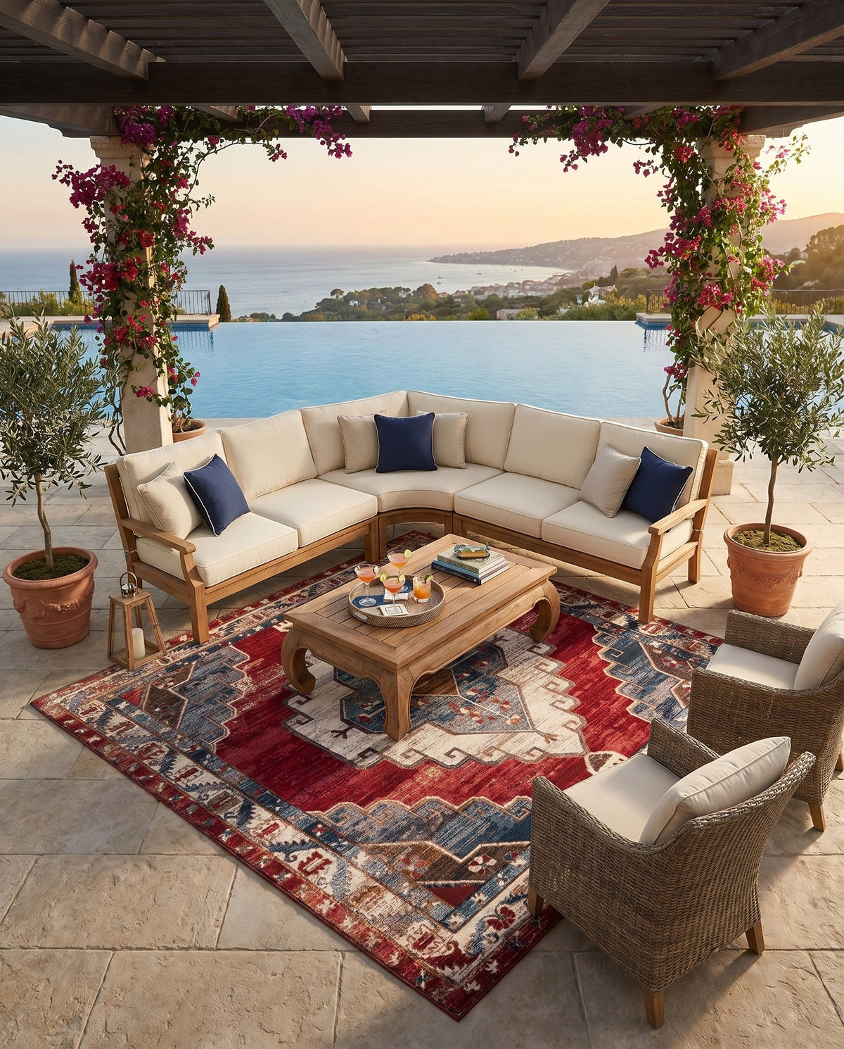 Patio Heritage Collection Area Rug -  Alcove Square Red and Navy Blue  lifestyle 86