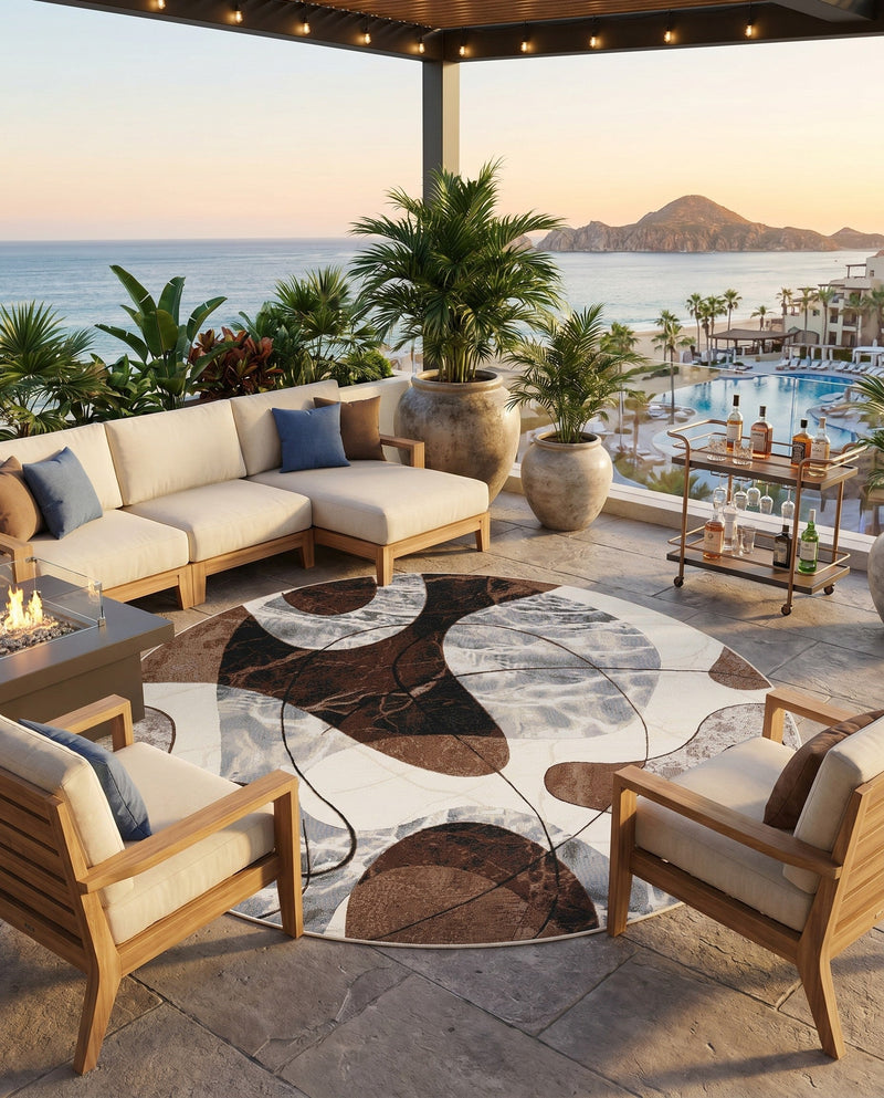 Urban Terrace Collection Area Rug -  Garden Round Brown and White  lifestyle 50
