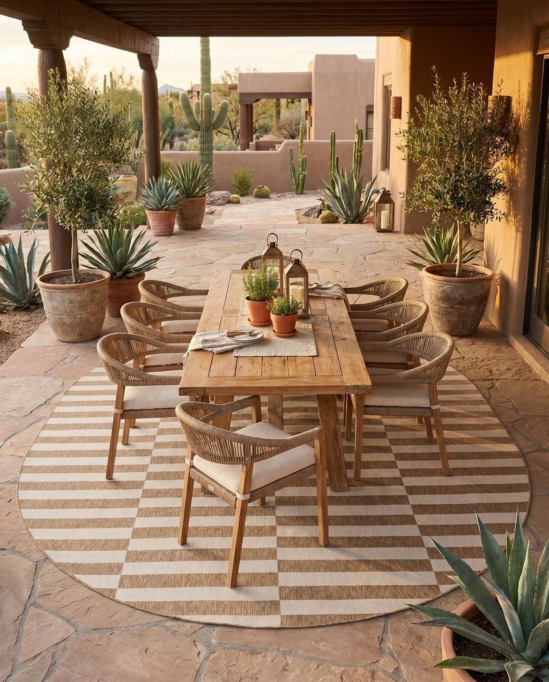 Seaside Stripes Collection Area Rug - Cabana (Taupe) Round Taupe  lifestyle 46